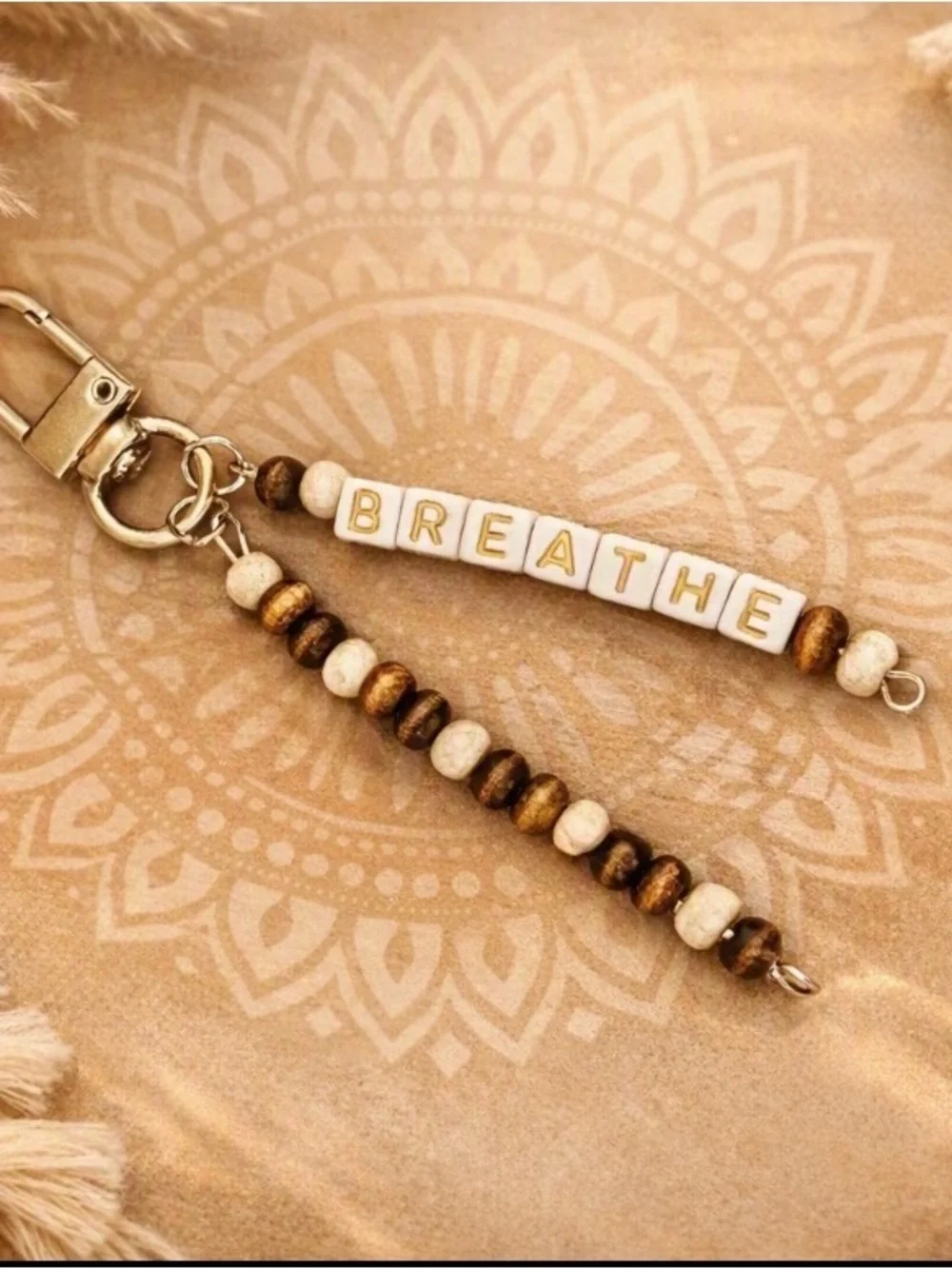 BREATHE Beaded Keychain/ Bag Charm in Brown and Cream